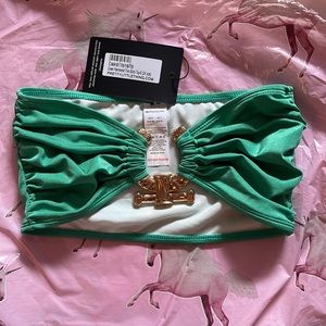 Pretty Little Thing green hammered swimsuit top.